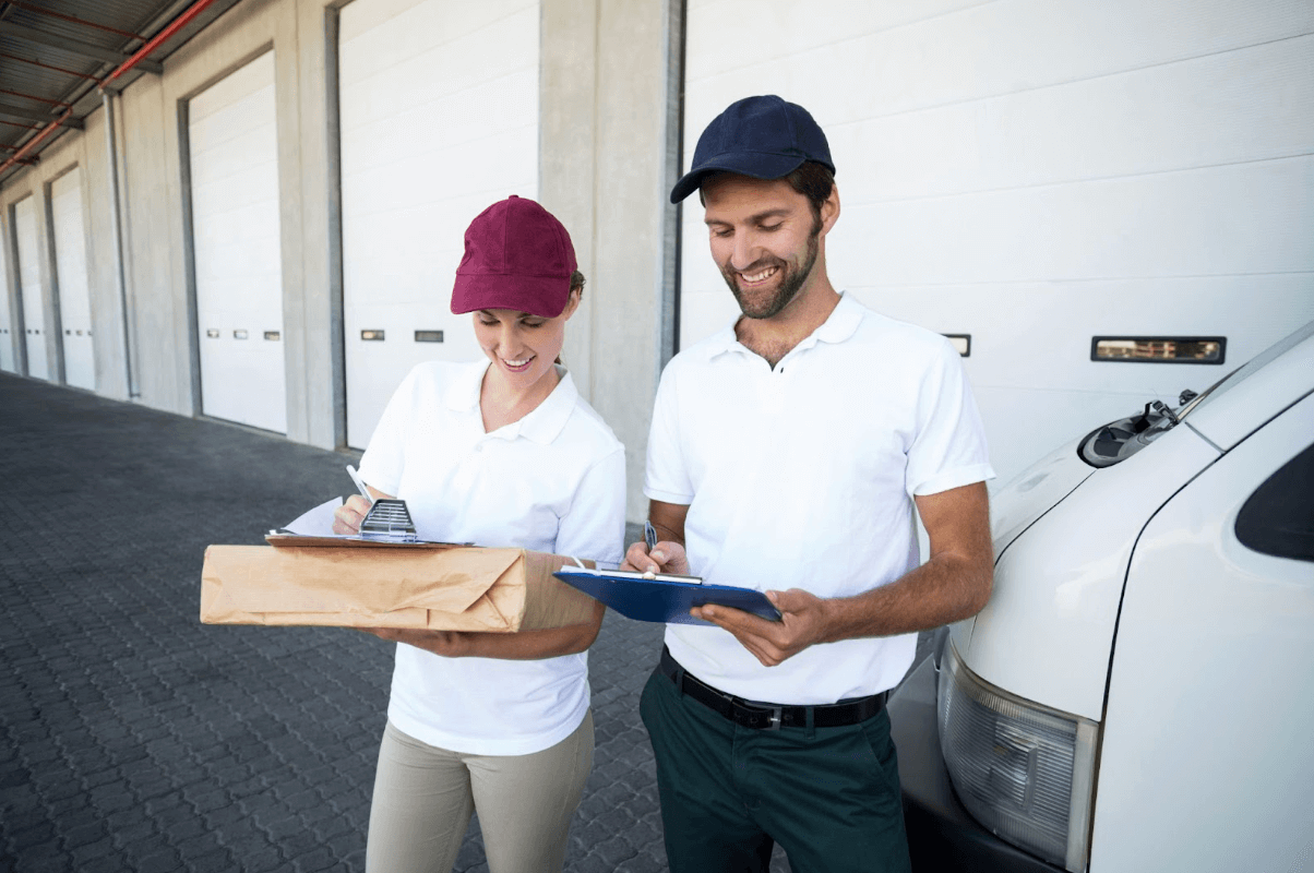 two delivery drivers connecting during work